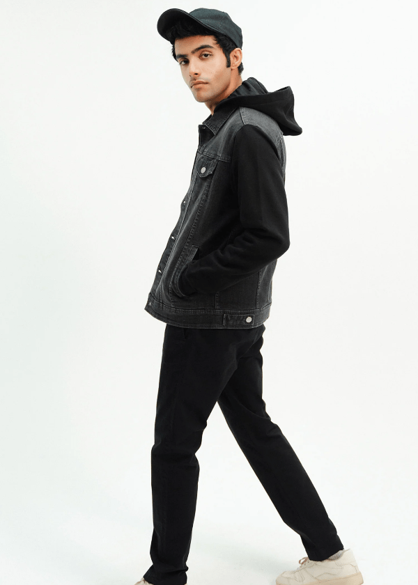 Black Denim Jacket with Hoodie for Men - AR - Rehman Collection