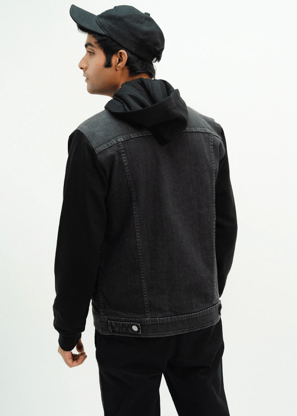 Black Denim Jacket with Hoodie for Men - AR - Rehman Collection
