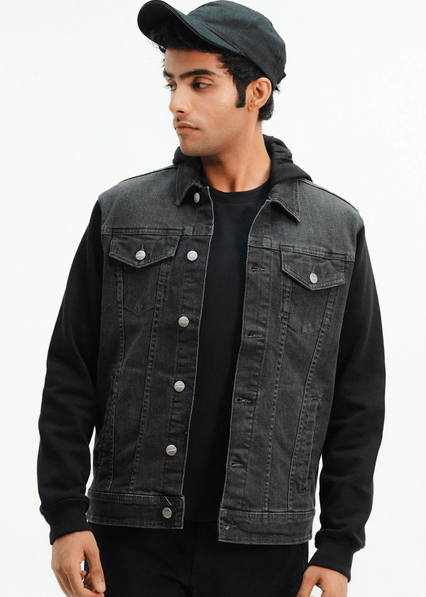 Black Denim Jacket with Hoodie for Men - AR - Rehman Collection