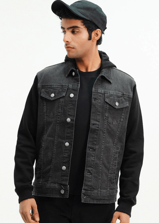 Black Denim Jacket with Hoodie for Men - AR - Rehman Collection