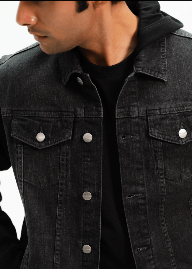 Black Denim Jacket with Hoodie for Men - AR - Rehman Collection