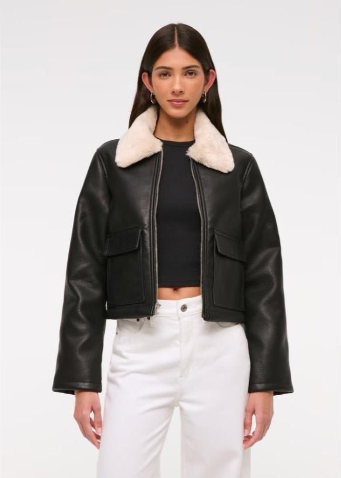 Black Women’s Sheepskin Leather Jacket with White Fur - AR - Rehman Collection