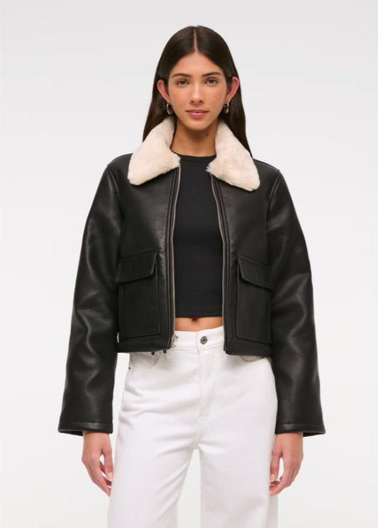 Black Women’s Sheepskin Leather Jacket with White Fur - AR - Rehman Collection