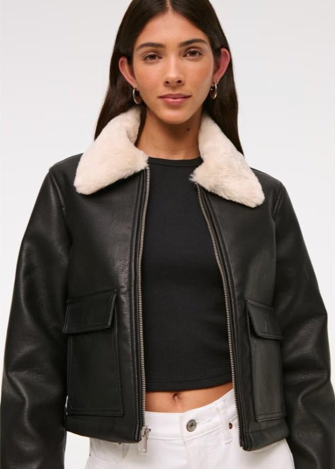 Black Women’s Sheepskin Leather Jacket with White Fur - AR - Rehman Collection