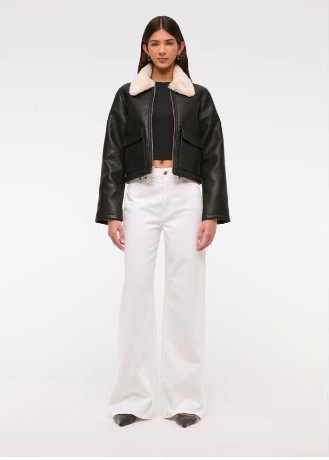 Black Women’s Sheepskin Leather Jacket with White Fur - AR - Rehman Collection