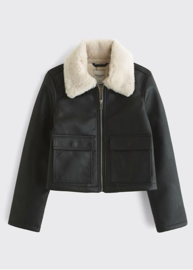 Black Women’s Sheepskin Leather Jacket with White Fur - AR - Rehman Collection