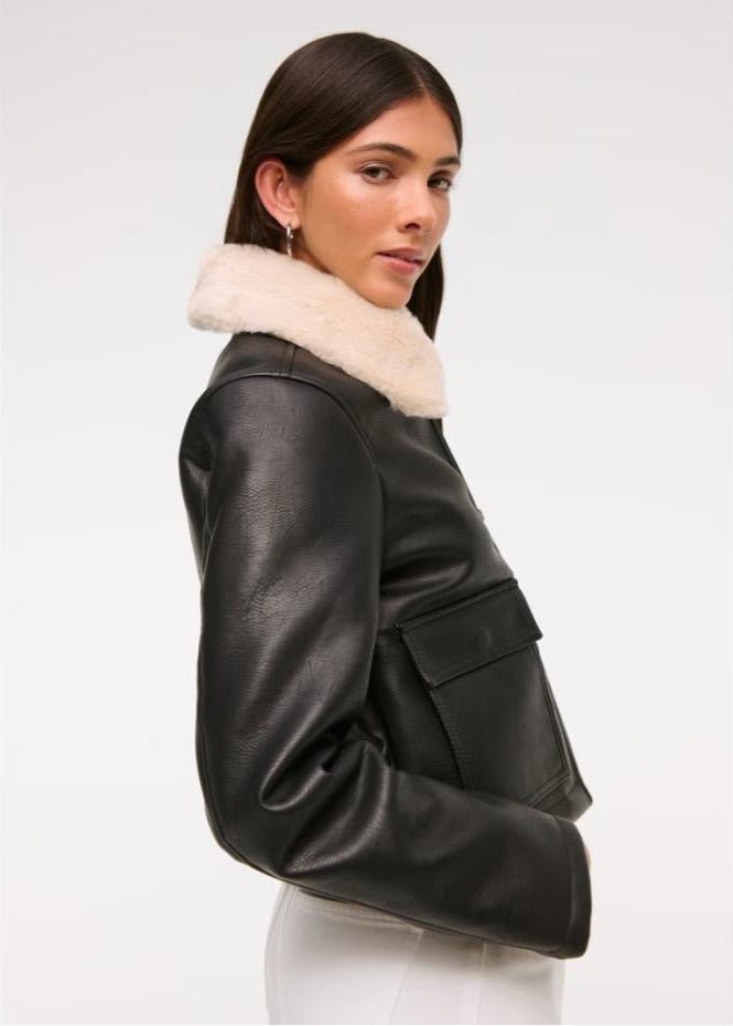 Black Women’s Sheepskin Leather Jacket with White Fur - AR - Rehman Collection