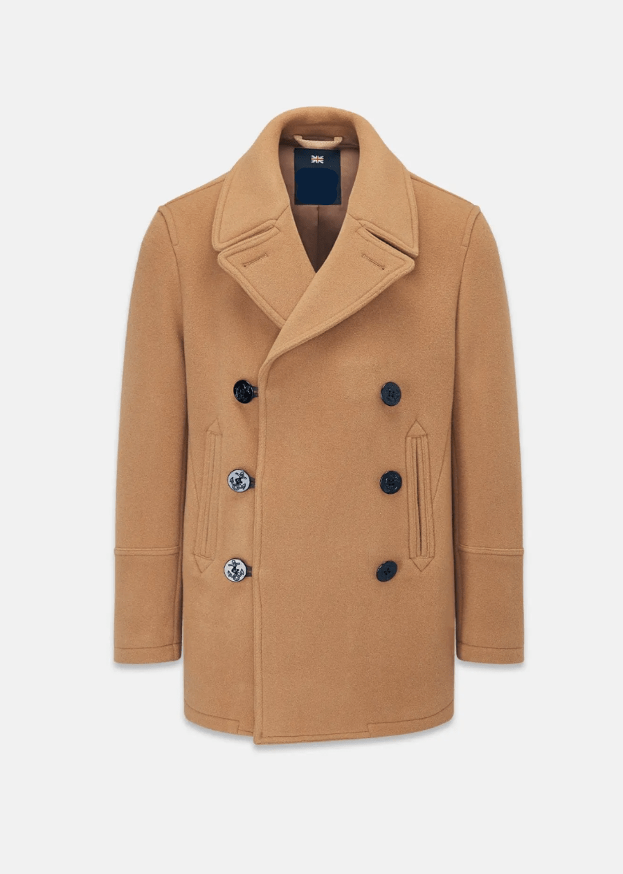 Camel Brown Wool Peacoat For Men - AR - Rehman Collection