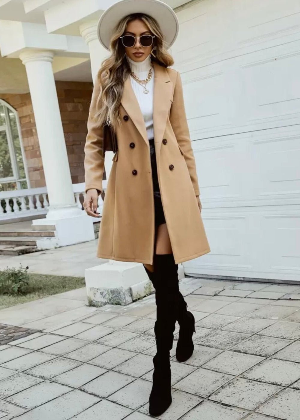 Camel double - breasted Wool Coat For Women - AR - Rehman Collection