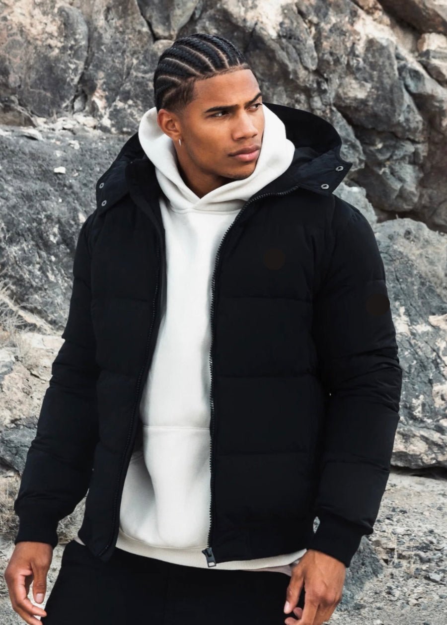 Men’s Black Puffer Jacket with Hood - AR - Rehman Collection