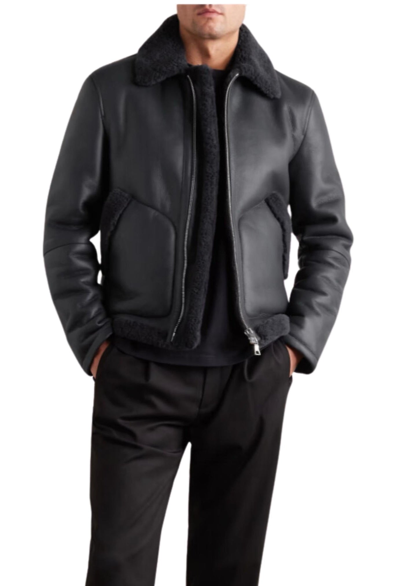 Men’s Shearling - Lined Black Sheepskin Leather Jacket - AR - Rehman Collection