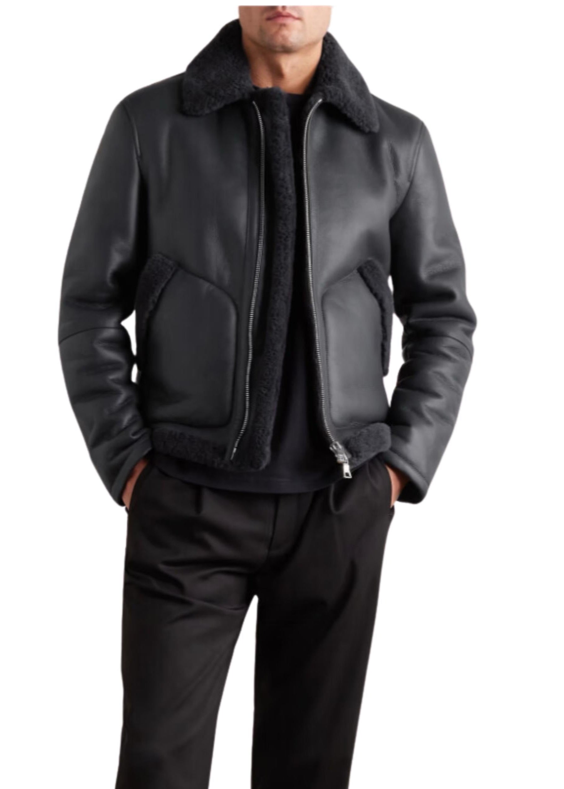 Men’s Shearling - Lined Black Sheepskin Leather Jacket - AR - Rehman Collection