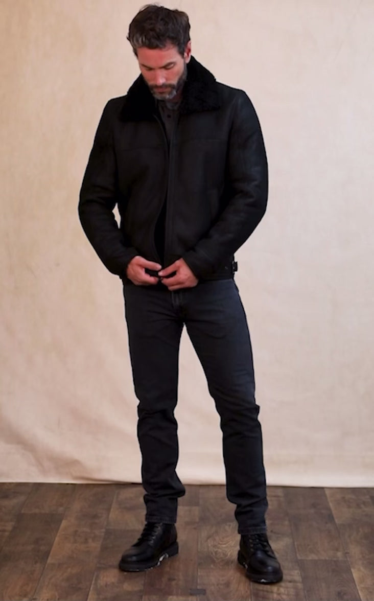 Black Fur Men’s Sheepskin Leather Jacket