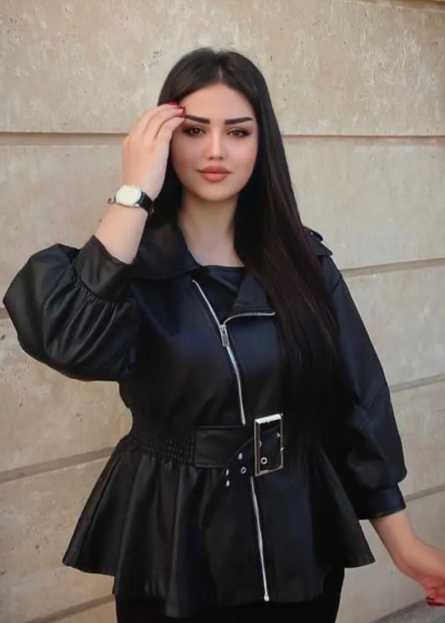 The Belted Faux Leather Peplum Jacket For Women - AR - Rehman Collection