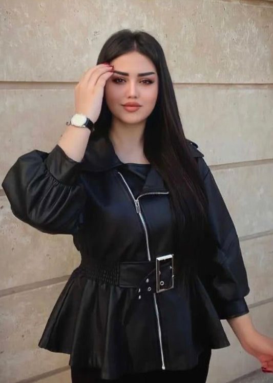 The Belted Faux Leather Peplum Jacket For Women - AR - Rehman Collection