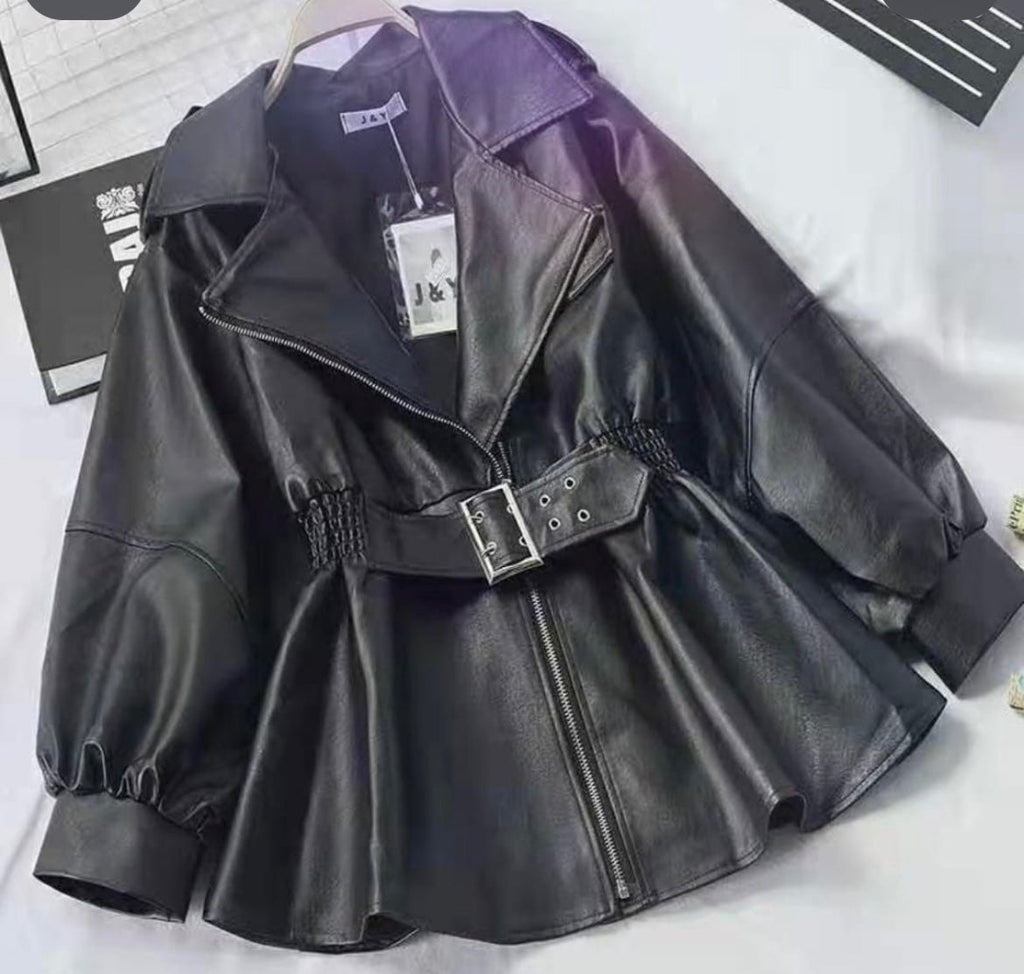 The Belted Faux Leather Peplum Jacket For Women - AR - Rehman Collection