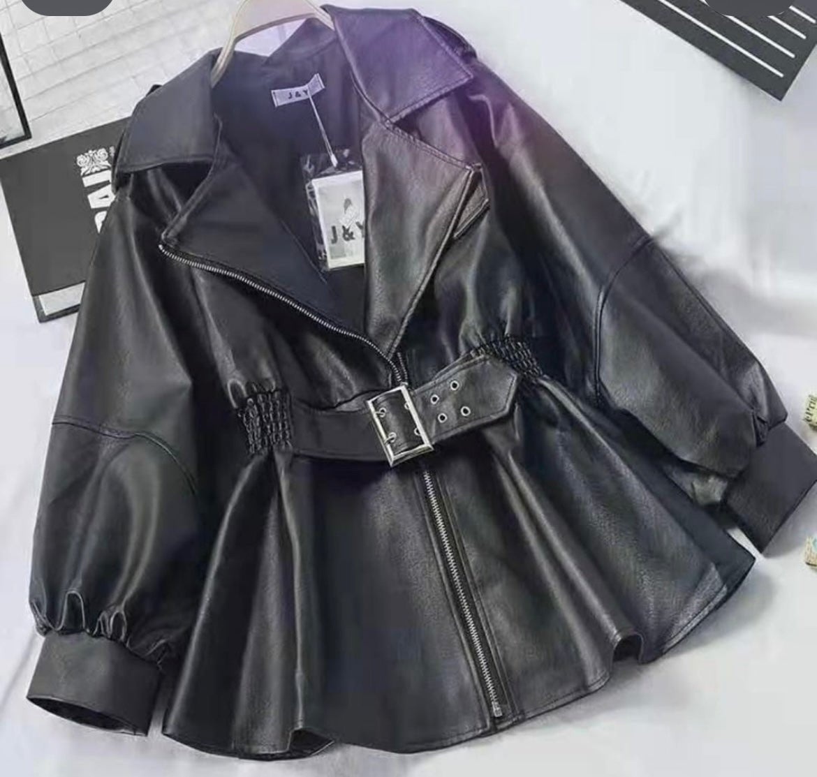 The Belted Faux Leather Peplum Jacket For Women - AR - Rehman Collection