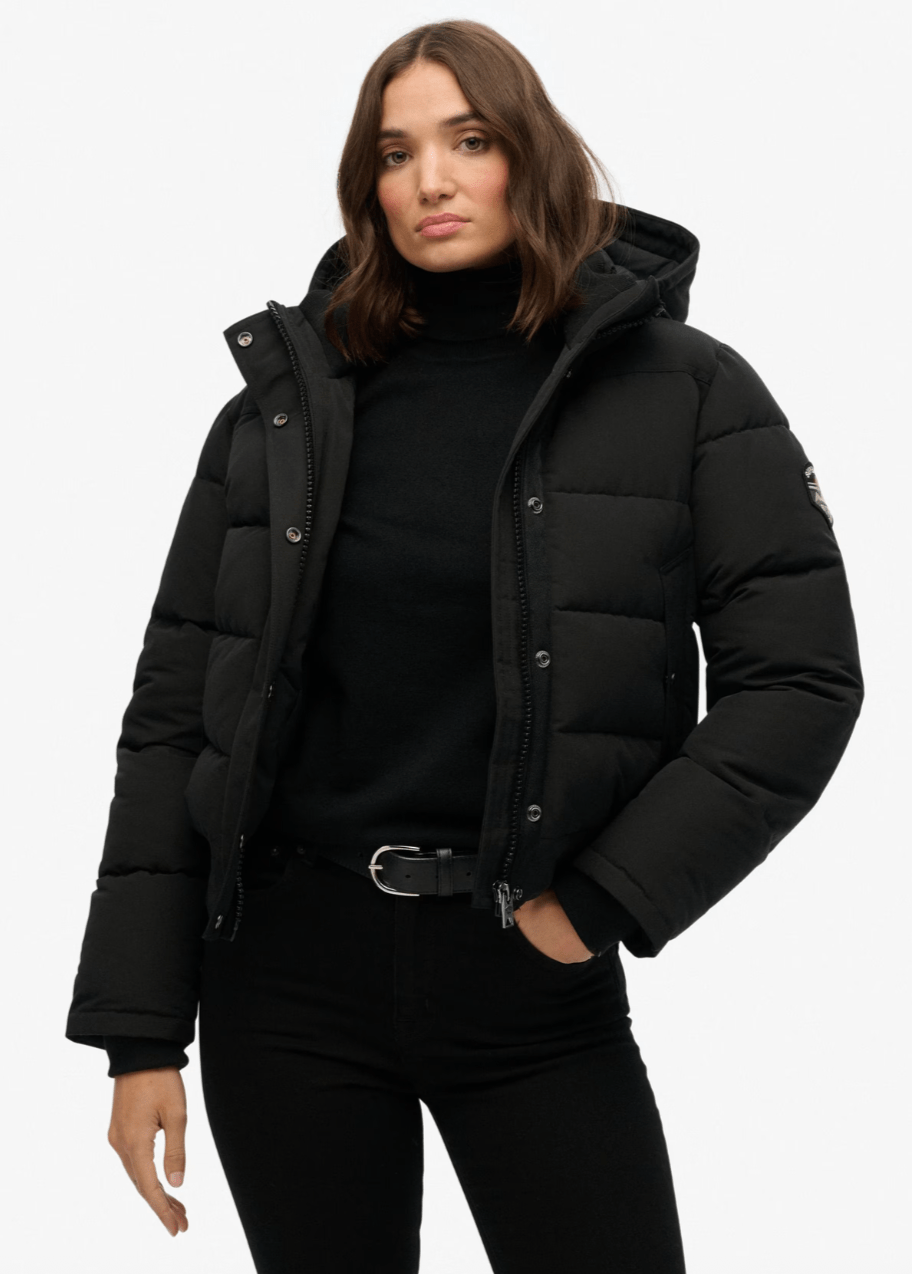 Women’s Black Cropped Puffer Jacket with Hood - AR - Rehman Collection