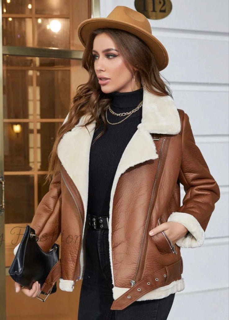 Women’s Brown Shearling Leather Jacket - AR - Rehman Collection