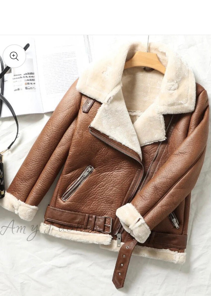 Women’s Brown Shearling Leather Jacket - AR - Rehman Collection