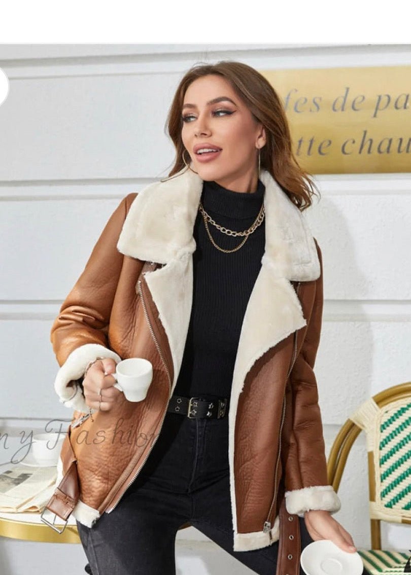 Women’s Brown Shearling Leather Jacket - AR - Rehman Collection