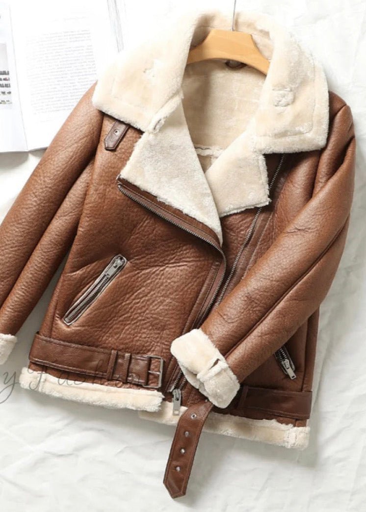 Women’s Brown Shearling Leather Jacket - AR - Rehman Collection